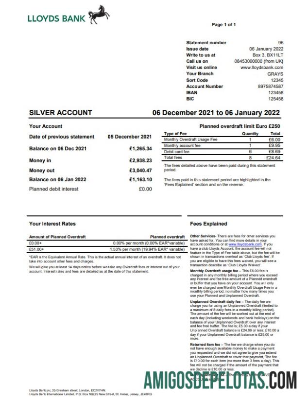 em branco Reino Unido Lloyds modelo de extrato bancário Word e PDF, versão 2